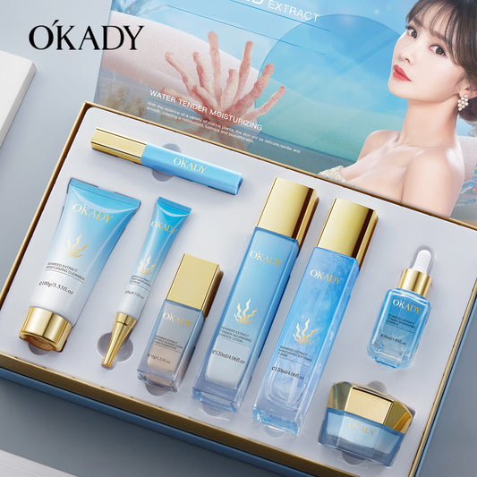 OKADY Sea Essence Hydrating 8pcs Set, Facial Care Set, Chlorella, Sea Fennel Ingredients - Elastic And Bright, Soft, Contains Cleanser, Toner, Serum, Eye Cream, Serum, Cream, Foundation, Lip Glaze, Gift for Ladies, New Year G