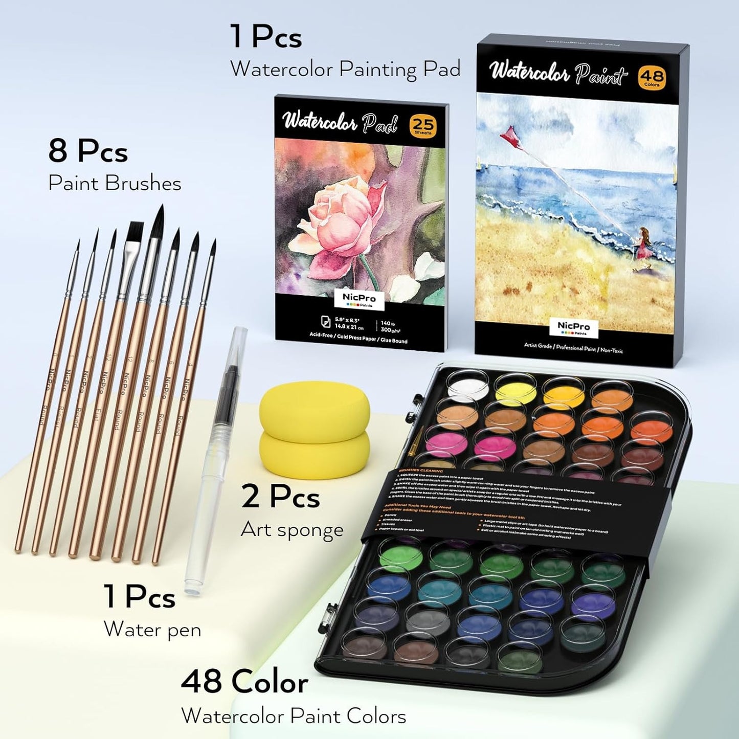 Nicpro Watercolor Paint Set, 48 Water Colors Kit with 8 Painting Brushes, Palette, Watercolor Pen, 25 Art Pad Paper, 2 Art Sponges, Non-toxic Painting Supplies for Adults, Beginners, Artists