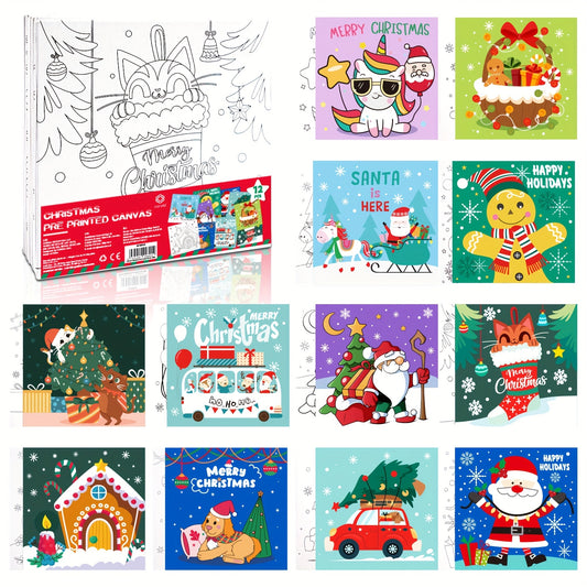 CONDA Pre Printed Canvas For Painting 12pcs 6 X 6 Inch, Pre Drawn Canvas Boards With Christmas Pictures To Paint, Theme Canvas Panels Set, DIY Paint Art Supplies