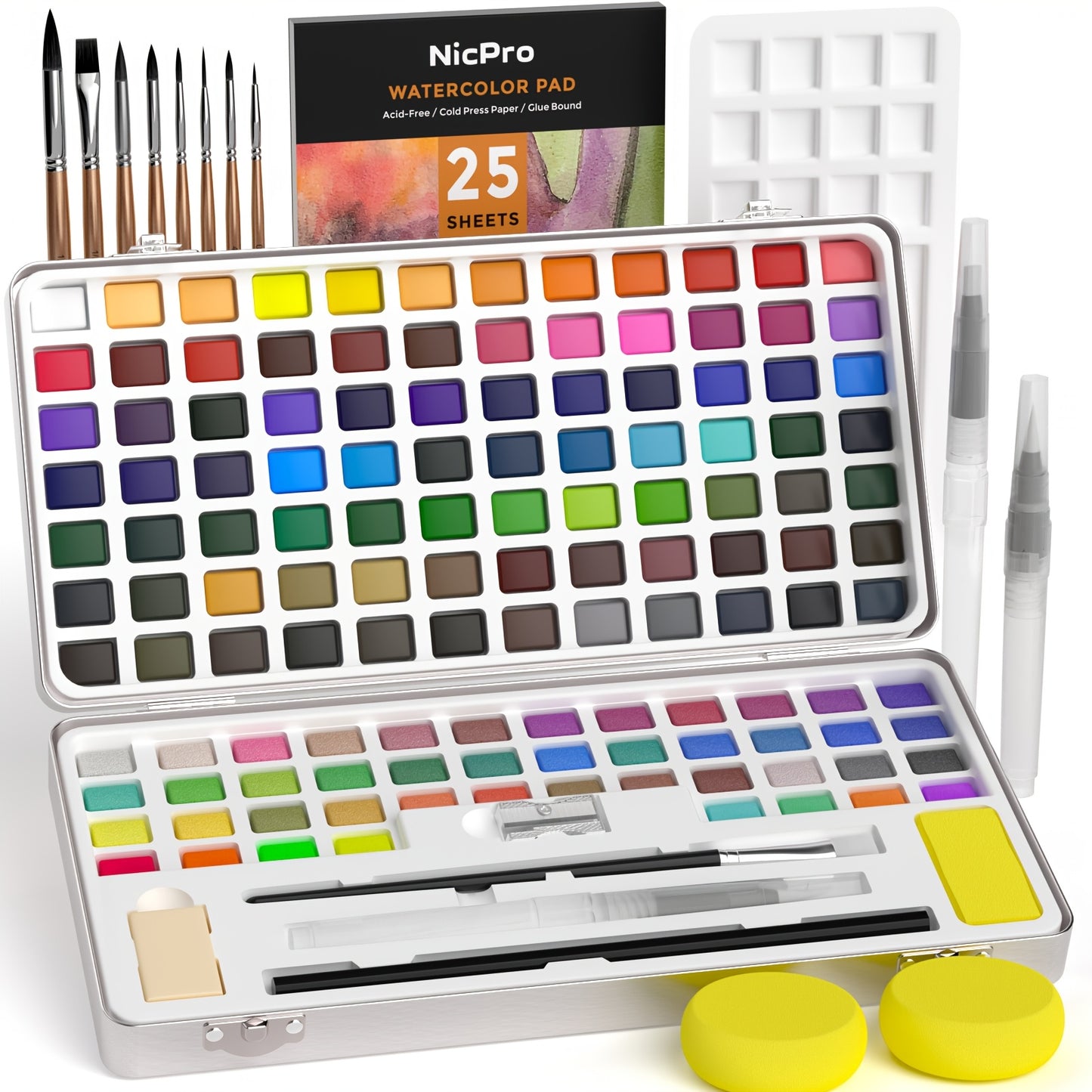 Nicpro 100 Colors Watercolor Paint Set Include Metallic Macaron & Fluorescent, 8 Synthetic Squirrel Painting Brushes, 25 Water Color Paper, Palette, Art Supplies Kit