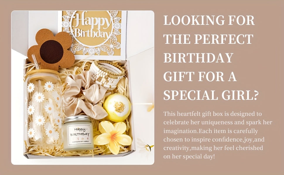 Birthday Gifts For Women, Teen Girl Gifts, Birthday Gifts For Her, Happy Birthday Gift Box For Girl, Women, Sister, Daughter, Best Friend, Friendship, Cute Daisy Glass Cup Gifts Set 8pcs, 16oz, Beige