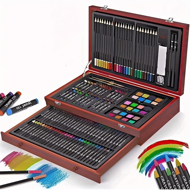 145pcs Of Luxurious Art Sets, Including Wooden Boxes And Painting Tool Kits. Each Set Contains Crayons, Oil Pastels, Colored Pencils, Watercolor Paints, Sketching Pencils, Paintbrushes, Pencil Sharpeners, Erasers, And Color C
