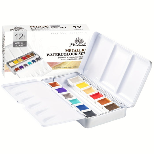 PHOENIX Metallic Watercolor Paints - 12 Half Pan Glitter Watercolor Paint Set, Artist Grade Portable Palette, Small Sketch Pocket Water Color Painting Kit For Adults, Beginners & Artists