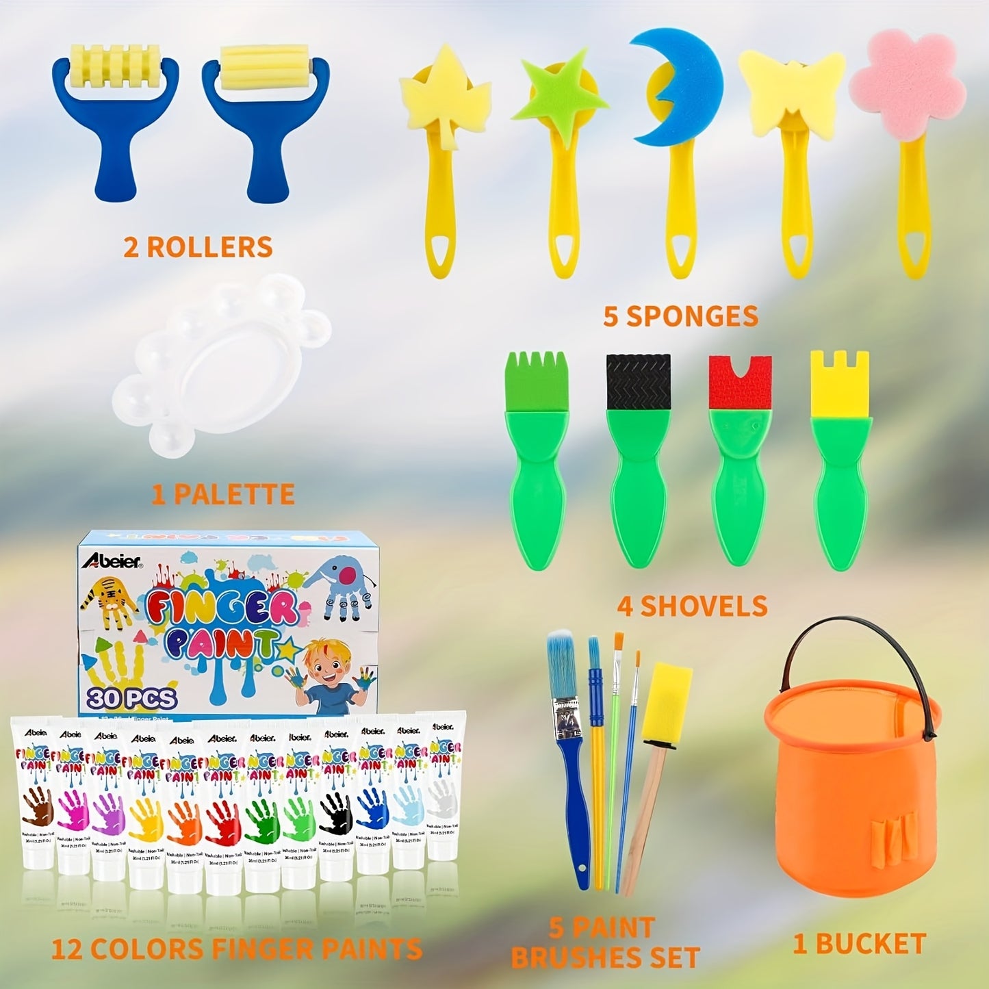 12-Color Finger Paint Set (with/without Tools), 12 Washable & Blendable Bright Colors, Safe & Non - Toxic, Each Tube 2.03oz, Great for Art Projects, Tools Come with 2 Rollers, 5 Sponges, 4 Shovels, 5 Paint Brushes, 1 Palette