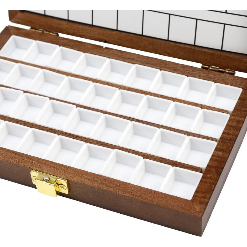 36-Well Wooden Watercolor Paint Palette Box - Portable, Durable Dark Walnut with Golden Accents, 4" x 6" - Ideal for Artists & Hobbyists