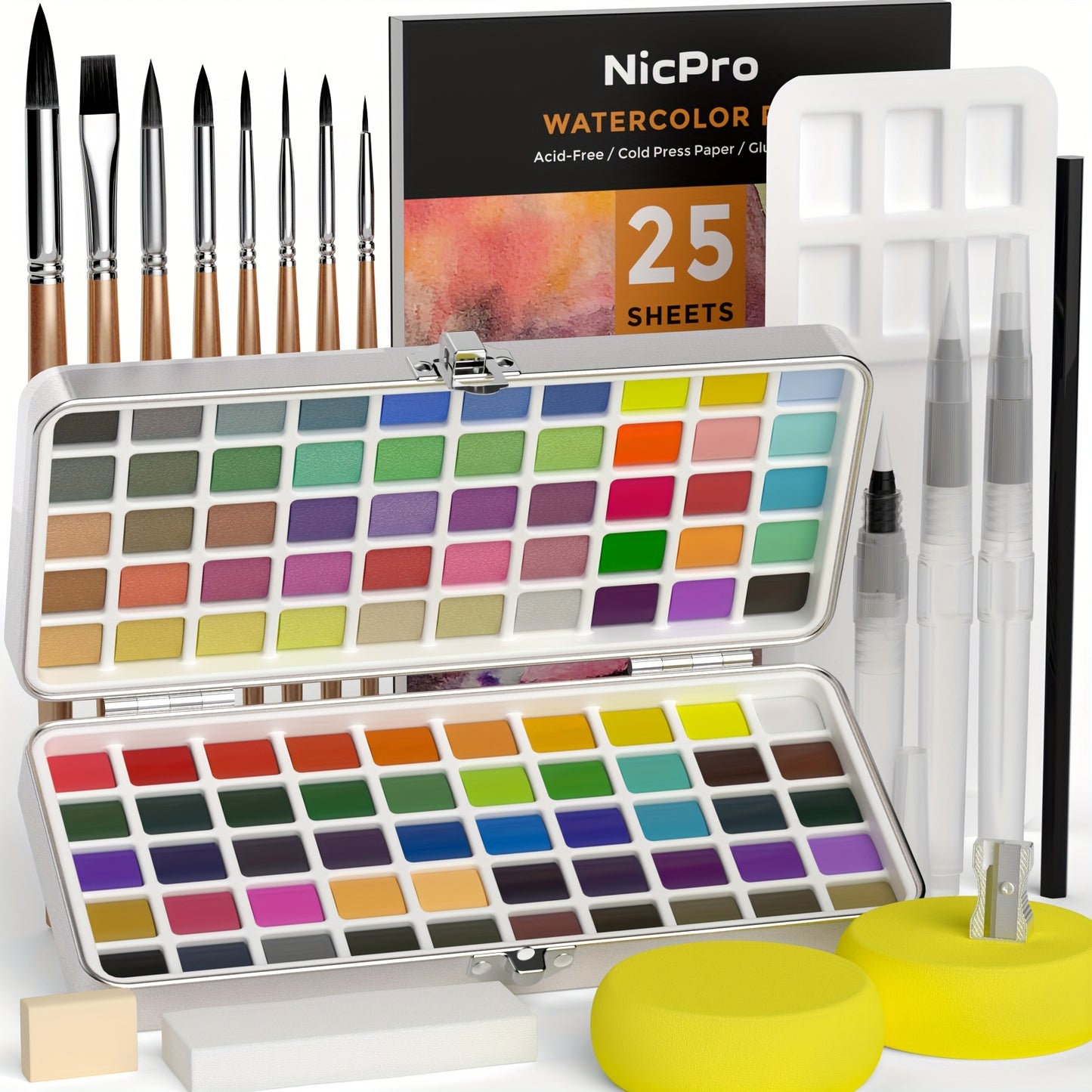 Nicpro 100 Colors Watercolor Paint Set Include Metallic Macaron & Fluorescent, 8 Synthetic Squirrel Painting Brushes, 25 Water Color Paper, Palette, Art Supplies Kit