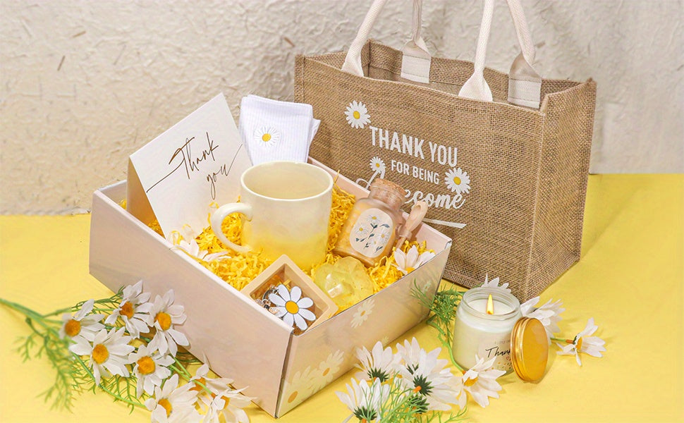 Daisy Appreciation Gift Basket for Women – Thank You Gifts for Mom, Nurse, Teacher, Coworker – Includes Burlap Tote Bag, Daisy Candle, and Keepsake Box – Perfect for Mother’s Day, Farewell, or Employee Appreciation, D