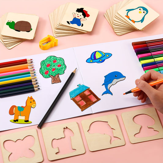 Easter Gifts 60pcs Wooden Drawing Stencils Kit, Drawing Board Toys Coloring Puzzle Arts Crafts Set, Educational Toys Christmas Gift