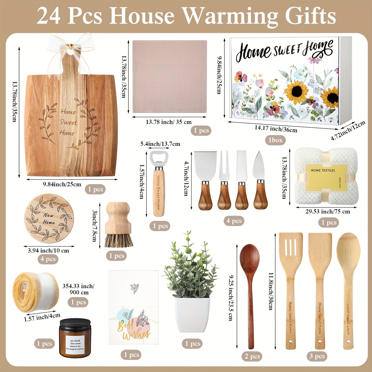 24pcs House Warming Gifts New House Housewarming Gifts Home Gifts for Home First Home Gift Ideas Wooden Serving Board for Home Newlywed Couple Friends New Homeowner Gift Multi Item Party Gift Bag