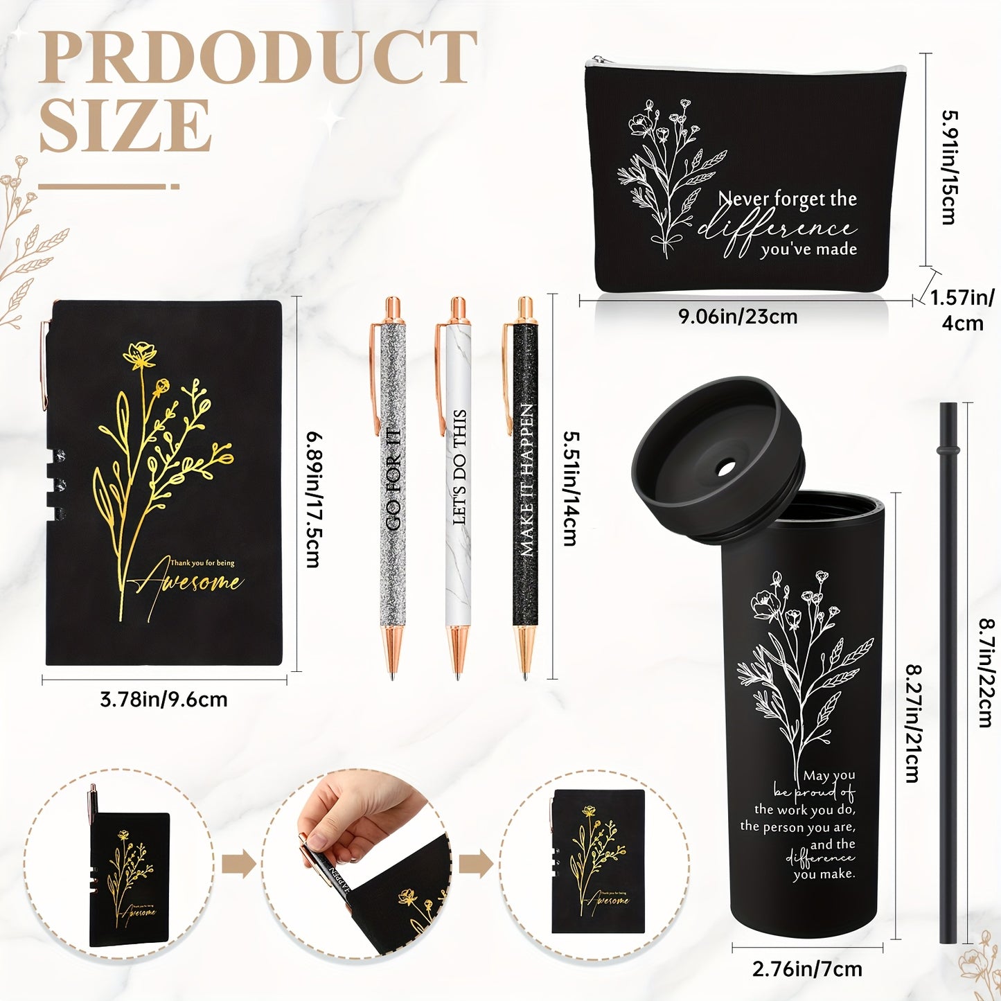 6pcs Appreciation Gift Set for Lady Women Coworkers Thank You May You Be Proud Gift for Employees 16oz Plastic Tumbler Makeup Bag Journal Pens Set Valentines Day Office Present