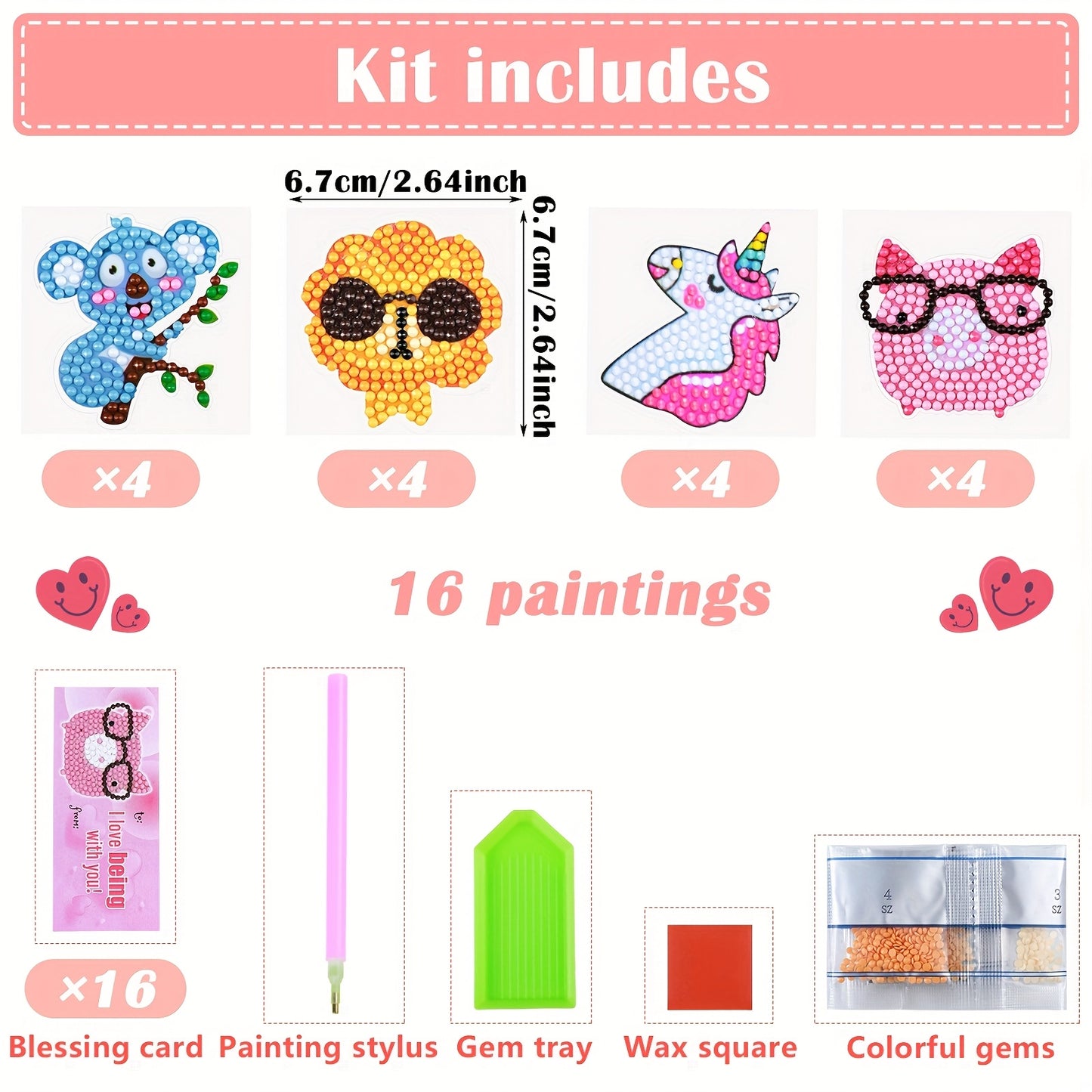 16pcs Cards Painting Kits DIY Beginner Animal Painting Stickers for Exchange Gifts Craft Activity Party Favors, 4 Styles