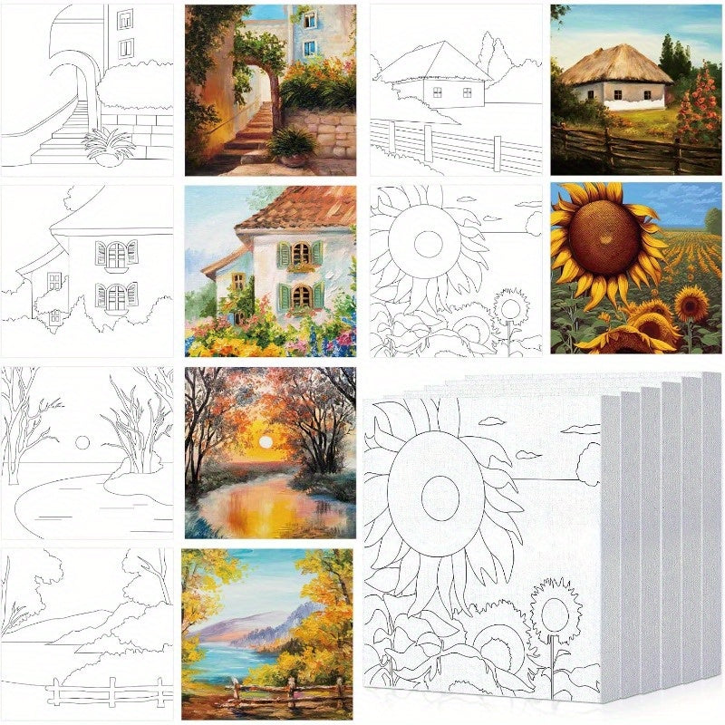6pcs 6 Inch Pre Drawn Outline Canvas Paint Kit with Pictures for s Paint Party Stretched Canvas Art Boards Set for Beginner Classic Style
