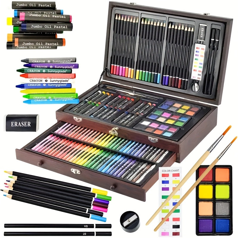 145pcs Of Luxurious Art Sets, Including Wooden Boxes And Painting Tool Kits. Each Set Contains Crayons, Oil Pastels, Colored Pencils, Watercolor Paints, Sketching Pencils, Paintbrushes, Pencil Sharpeners, Erasers, And Color C