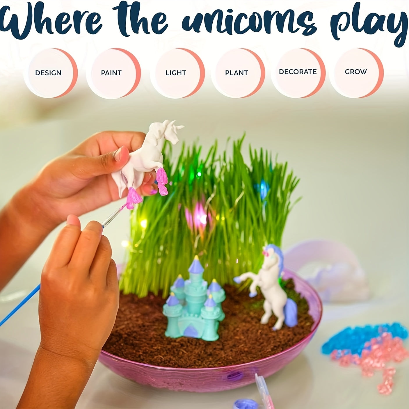 Light Up Unicorn Terrarium Kit - Grow Plant, Castle, Paint Set, Crystal Rock, Fairy Garden Lights, Arts & Crafts, STEM Activities, Birthday Gifts