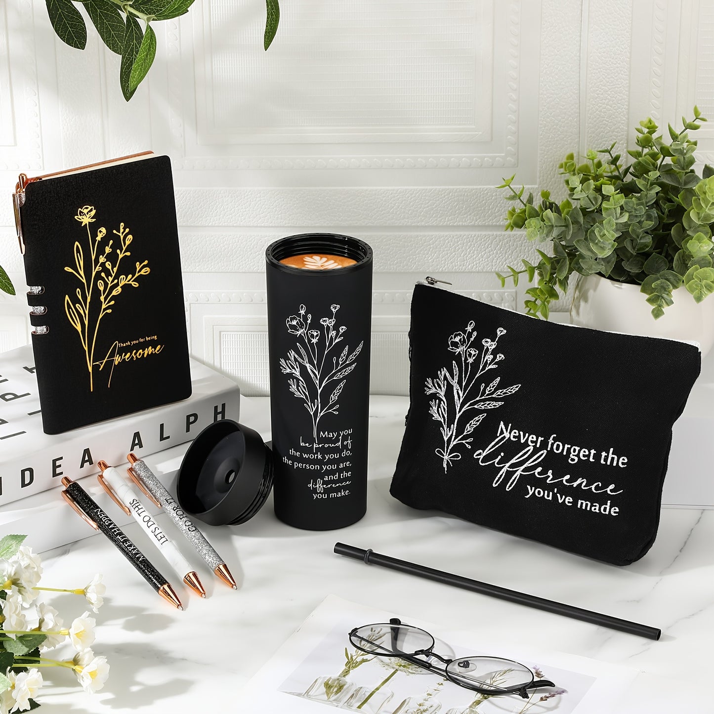6pcs Appreciation Gift Set for Lady Women Coworkers Thank You May You Be Proud Gift for Employees 16oz Plastic Tumbler Makeup Bag Journal Pens Set Valentines Day Office Present
