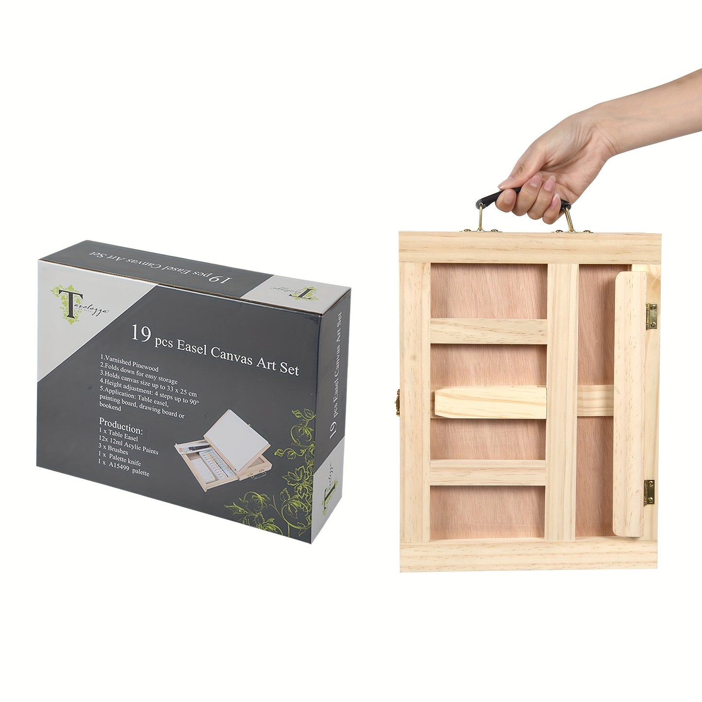 19pcs Painting Table Easel Set, Wooden Mixed Media Art Set Easel Kit Includes Tabletop Easel, Acrylic Paints, Brushes, Canvas Panel, Art Supplies