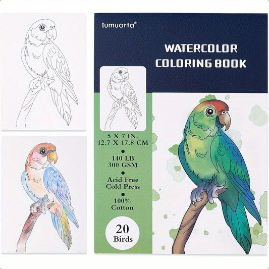 20 Original Hand-Drawn Bird Designs Watercolor Coloring Book for Adults - 5x7 Inch 100% 300GSM 140 LB Cold Press Acid-Free Paper, Glue Bound Lay-Flat Sketch Book for Mixed Media, Colored Pencils, Acrylics & Watercolors, Water
