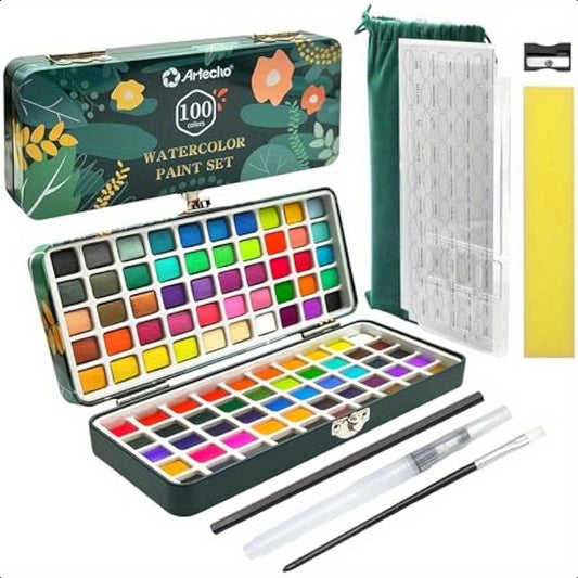 Watercolor Paint Set 100 Colors with Metallic in Portable Box Paint Kit with Watercolor Papers and Brushes Water Color Set for Beginners and Professionals