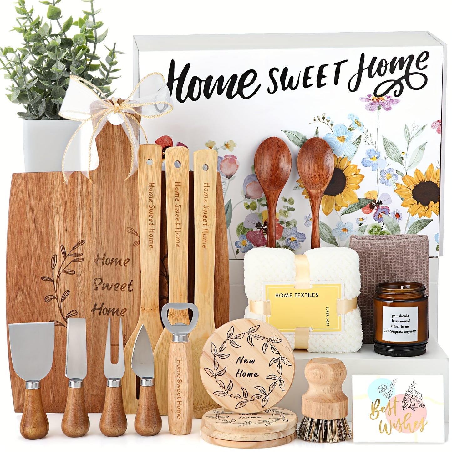 24pcs House Warming Gifts New House Housewarming Gifts Home Gifts for Home First Home Gift Ideas Wooden Serving Board for Home Newlywed Couple Friends New Homeowner Gift Multi Item Party Gift Bag