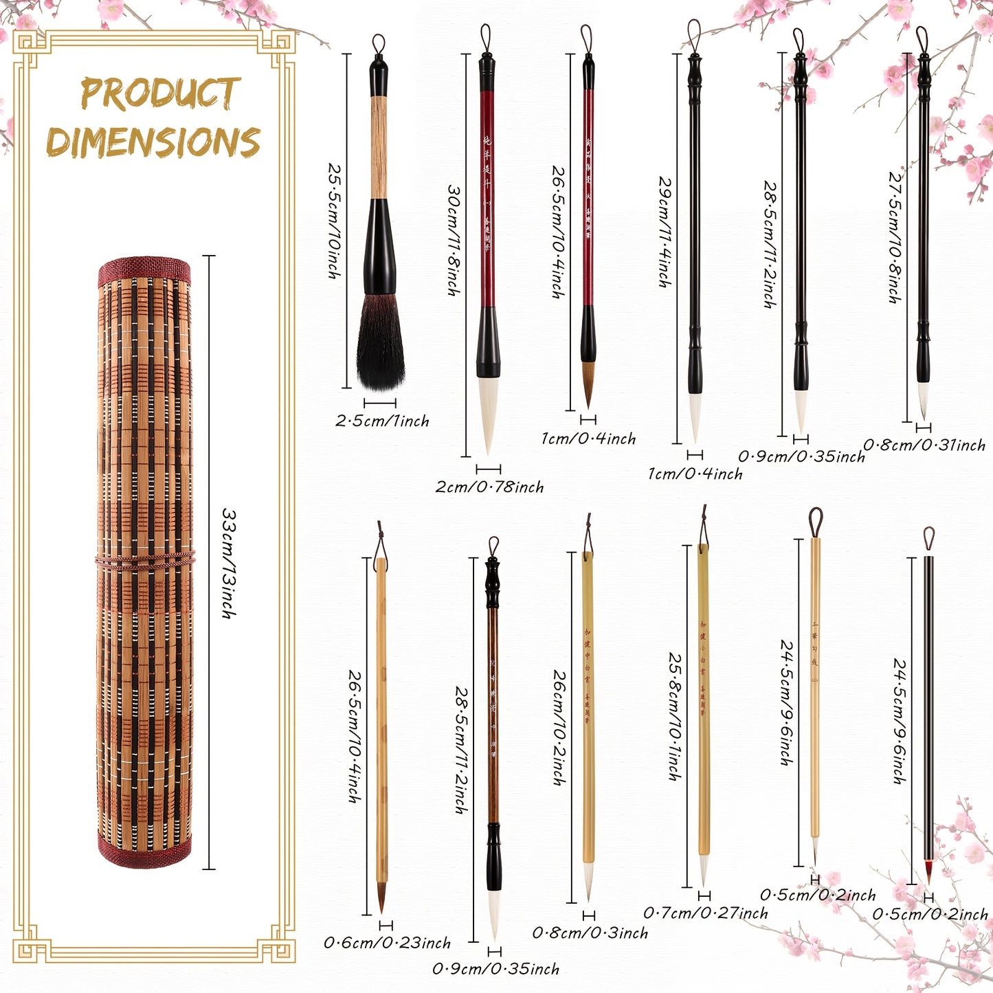 [Artistic Kanji Brushes] 12pcs Chinese Calligraphy Brushes Set - Watercolor Painting Writing Brushes with Roll-up Holder