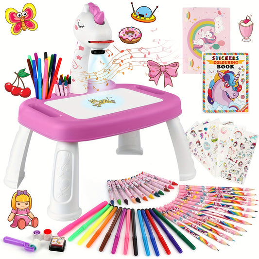 Magic Unicorn Art Studio - Complete Drawing Kit with Projector, Watercolor Pens, Pencils, Crayons, Scrapbook, Sticker Book, Unicorn Stickers, Stamp for Halloween and Christmas Gift Ideas