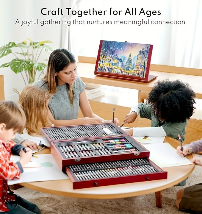 145pcs Of Luxurious Art Sets, Including Wooden Boxes And Painting Tool Kits. Each Set Contains Crayons, Oil Pastels, Colored Pencils, Watercolor Paints, Sketching Pencils, Paintbrushes, Pencil Sharpeners, Erasers, And Color C