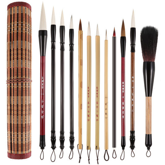 [Artistic Kanji Brushes] 12pcs Chinese Calligraphy Brushes Set - Watercolor Painting Writing Brushes with Roll-up Holder