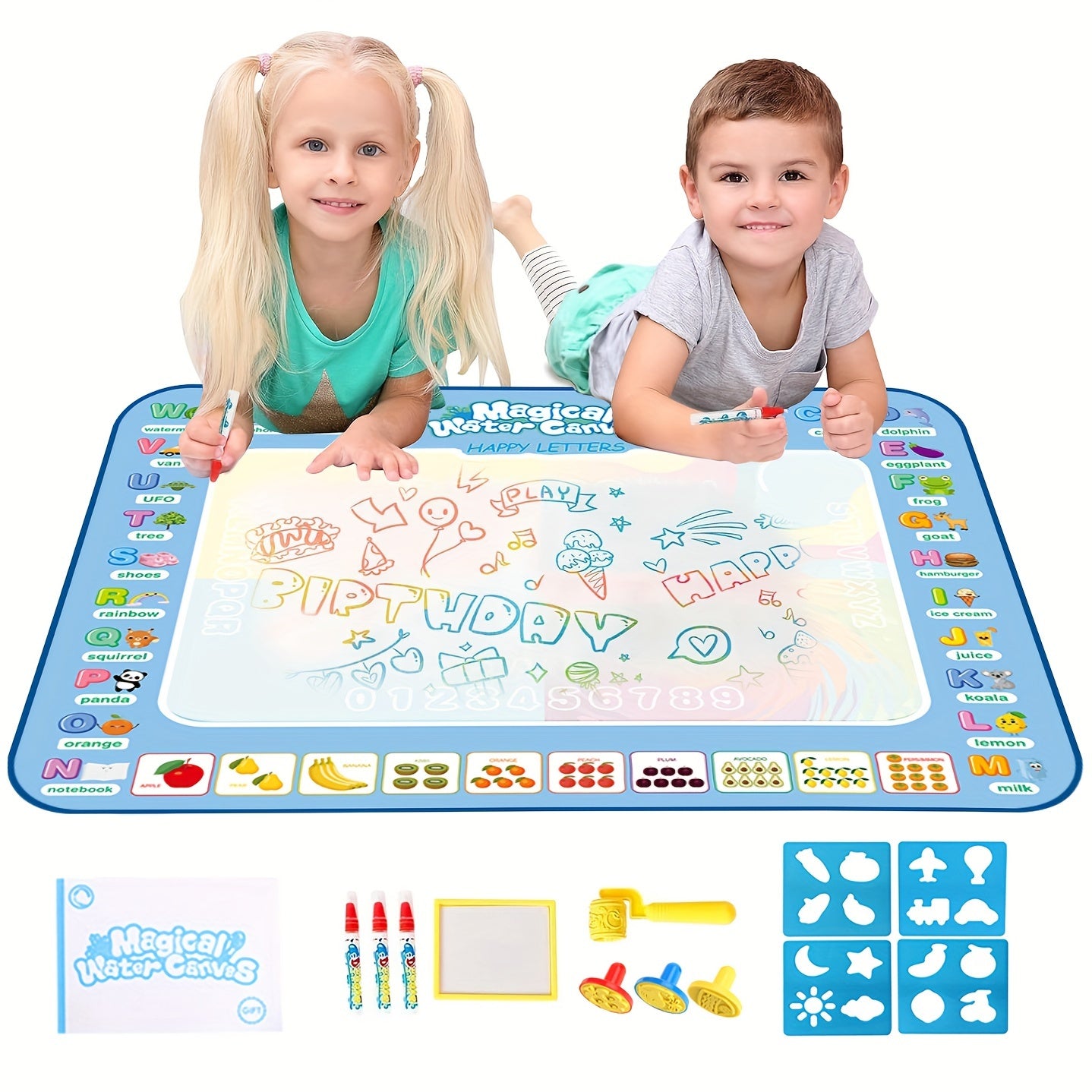 Children's Water Drawing Mat Set - Mess-Free, Safe, Reusable Drawing Board with 3 Pens, Stamps, Roller, Shape Templates - Perfect Gift for Kids, Portable Fun for Travel