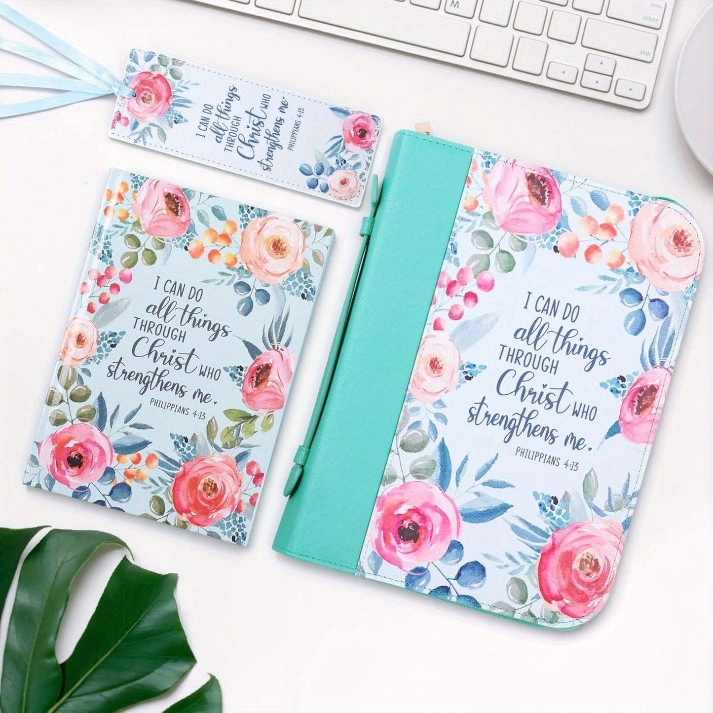 Bible Covers for Women, Bible Case Set with Notebook and Bookmark, Leather Bible Cover, Bible Carrying Case for Woman Lady Bible Bag, Christmas Gift for Mother, 11x8.2x2.2 in, Blue