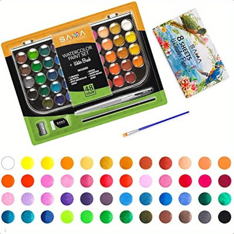 48color Watercolor Paint Set with Brushes Refillable Brush Watercolor Papers Pencil and Removable Mixing Tray Easy Blending and Washable