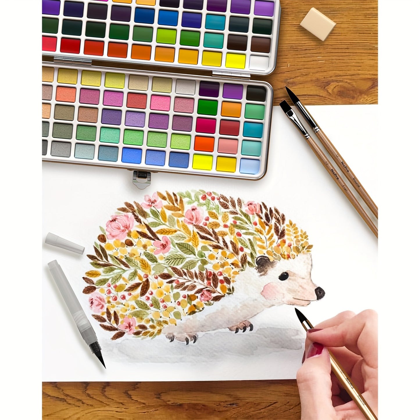 Nicpro 100 Colors Watercolor Paint Set Include Metallic Macaron & Fluorescent, 8 Synthetic Squirrel Painting Brushes, 25 Water Color Paper, Palette, Art Supplies Kit