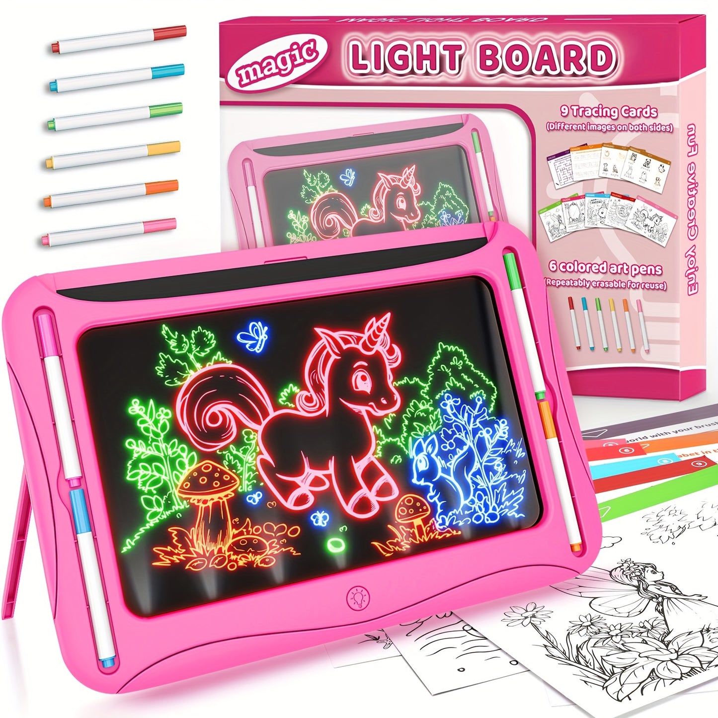 [Luminous Drawing Board] 9 Double-Sided Cards, 6 Markers LED Kids Drawing Board | Luminous Tracing Board, Graffiti Writing Board Learning Toy | Girls Toys for 6-8 Years Old, 4-6 Years Old Christmas Birthday Gift