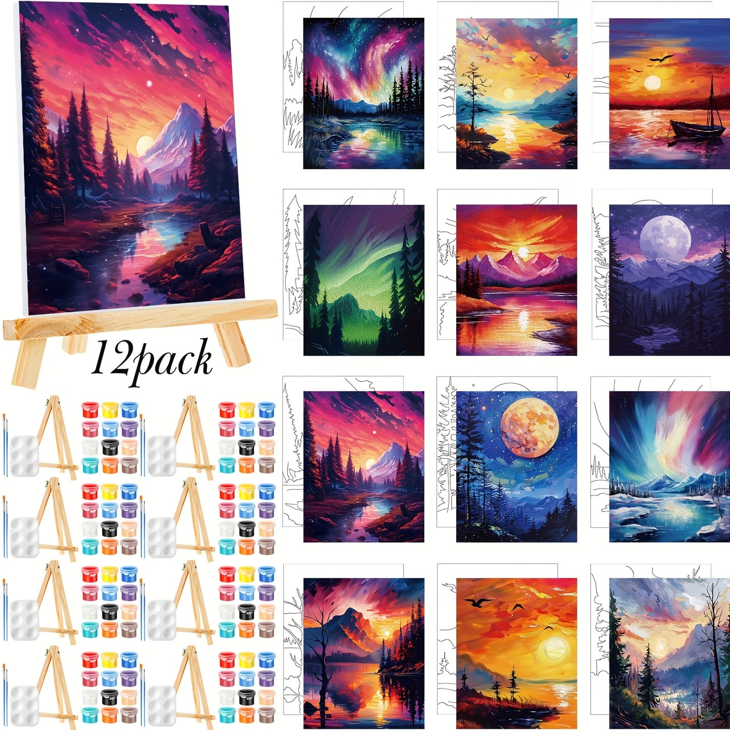 12pcs Pre Drawn Canvas for Painting Sip And Paint Kit 8 X 10 Paint Party Set Canvas Painting Pre Printed Canvases for Party Favor DIY Virtual Adult's Date Night (Astronomical Landscape)