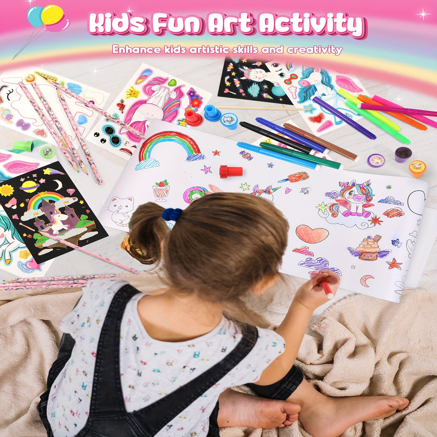 D-FantiX Art Supplies Clear Backpack for kids, 51pcs DIY Coloring Craft Kits with Scratch Art Paper and Stickers, Road Trip Activities for Youngsters, Creative Birthday Gift for Girls