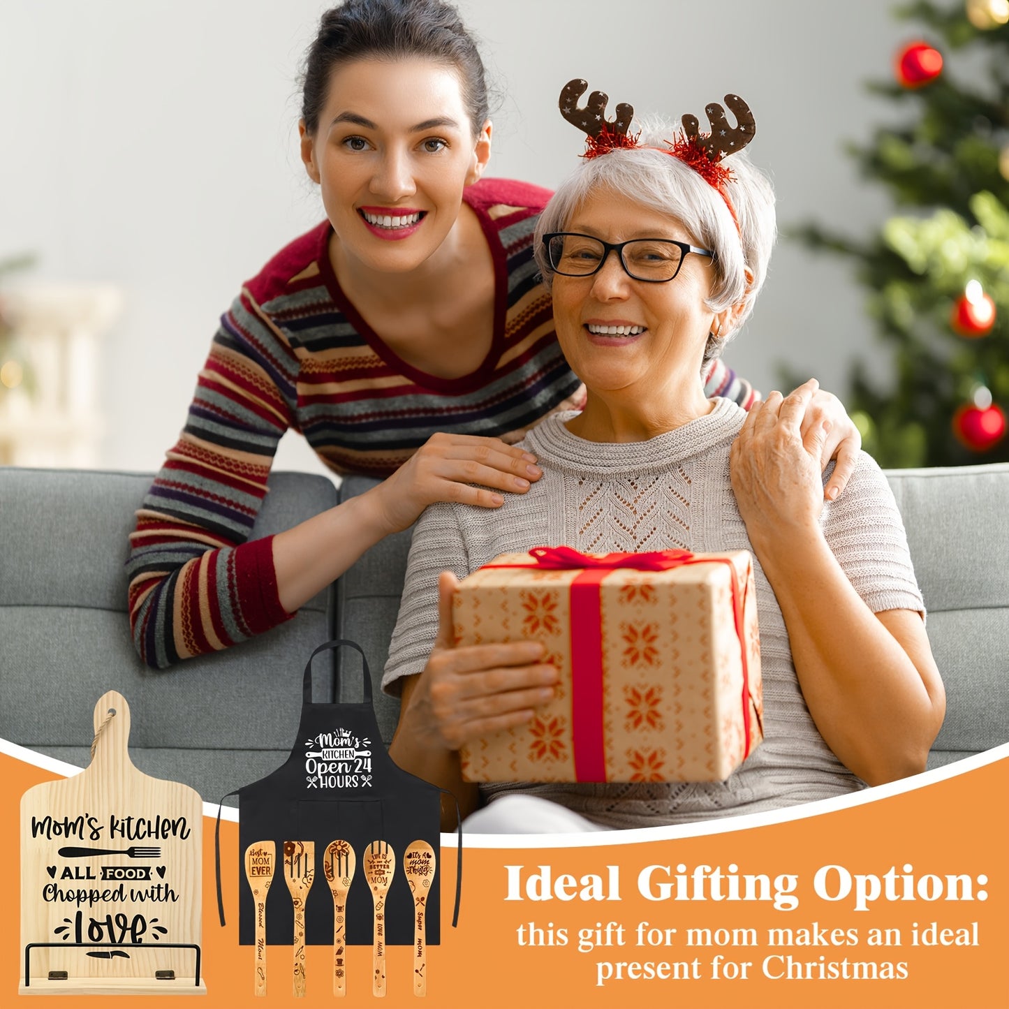 7pcs Gifts For Grandma Mom NANA, Christmas Gifts Birthday Gift Wooden Adjustment Cookbook Stand Cooking Utensils Set Kitchen Apron For Birthday Christmas Thanksgiving Winter Gift (Mom)