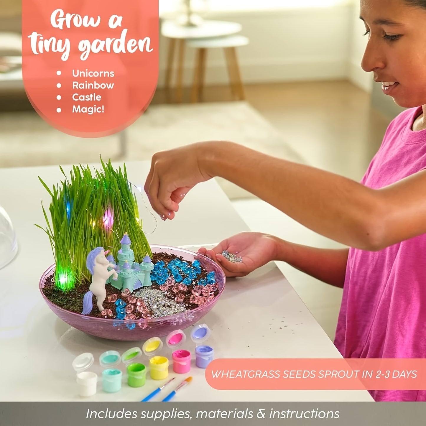 Light Up Unicorn Terrarium Kit - Grow Plant, Castle, Paint Set, Crystal Rock, Fairy Garden Lights, Arts & Crafts, STEM Activities, Birthday Gifts