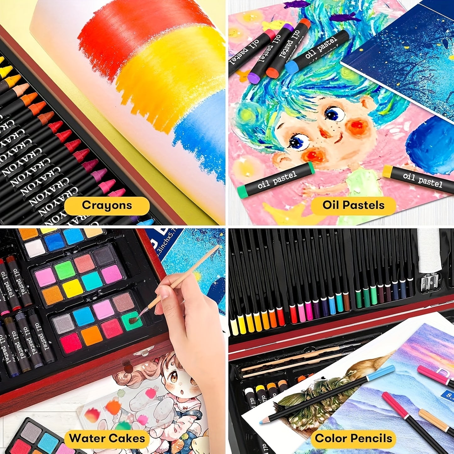 145pcs Of Luxurious Art Sets, Including Wooden Boxes And Painting Tool Kits. Each Set Contains Crayons, Oil Pastels, Colored Pencils, Watercolor Paints, Sketching Pencils, Paintbrushes, Pencil Sharpeners, Erasers, And Color C