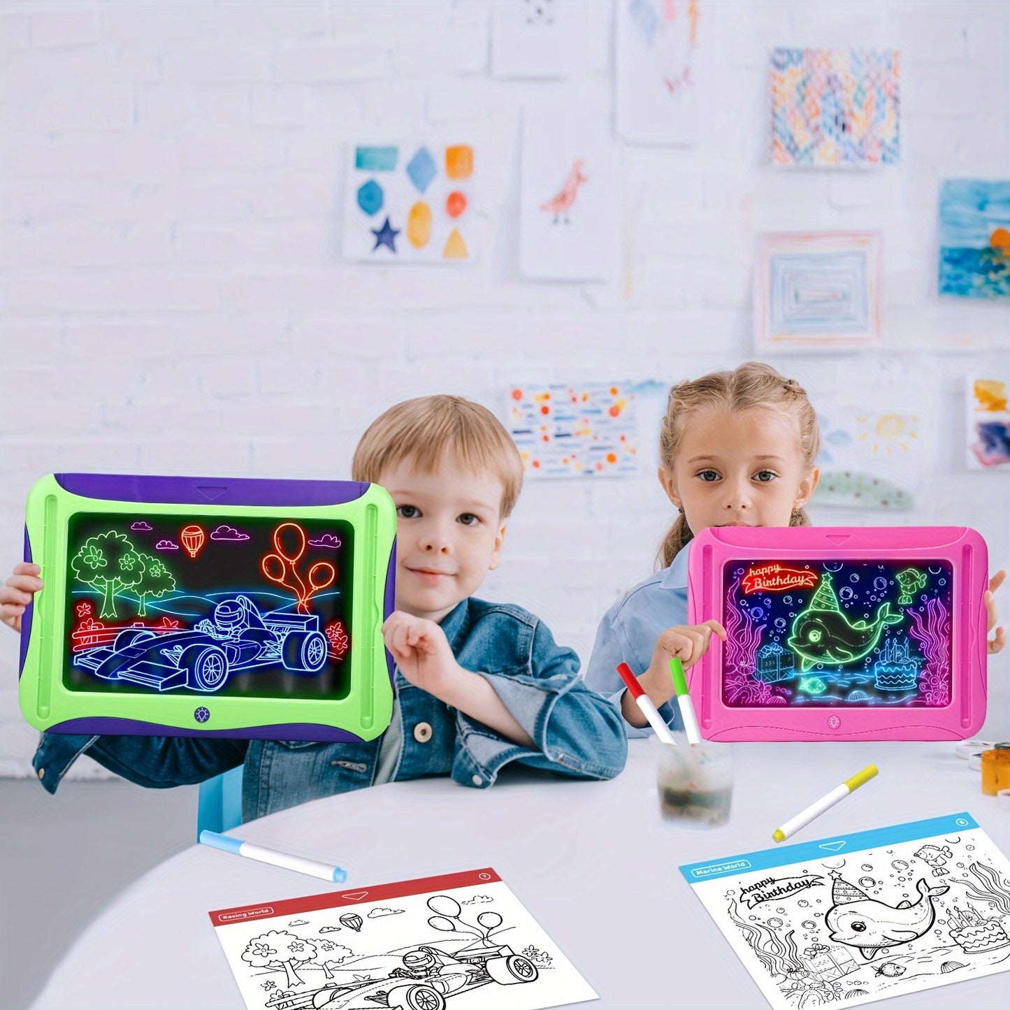 [Luminous Drawing Board] 9 Double-Sided Cards, 6 Markers LED Kids Drawing Board | Luminous Tracing Board, Graffiti Writing Board Learning Toy | Girls Toys for 6-8 Years Old, 4-6 Years Old Christmas Birthday Gift