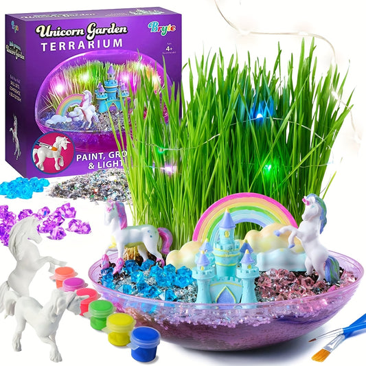 Light Up Unicorn Terrarium Kit - Grow Plant, Castle, Paint Set, Crystal Rock, Fairy Garden Lights, Arts & Crafts, STEM Activities, Birthday Gifts