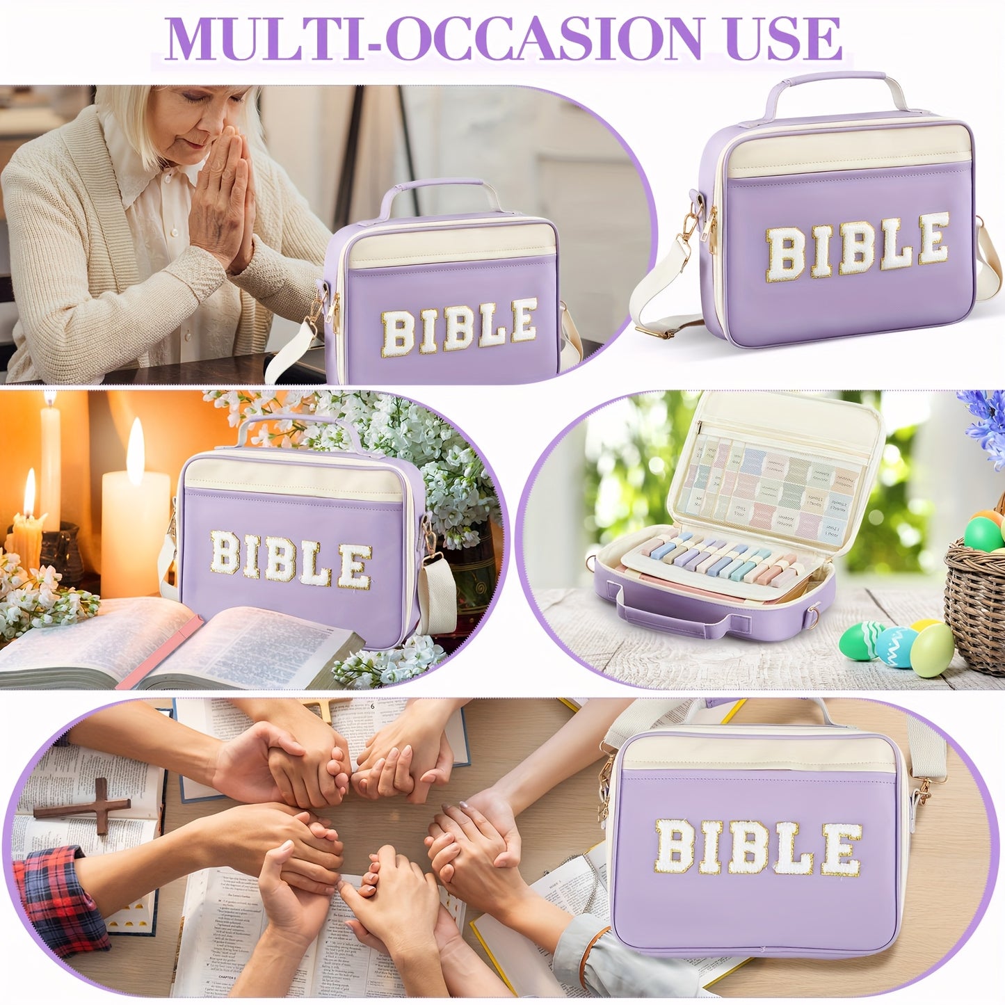 1 Set Of Women'S Bibles, Christian Easter Church Gift, Large PU Leather Chenille Bible Bag, With Shoulder Straps, Labels, 6 Colored Gel Pens And 12 Fluorescent Pens, 12 X 9 X 2.5 (purple)