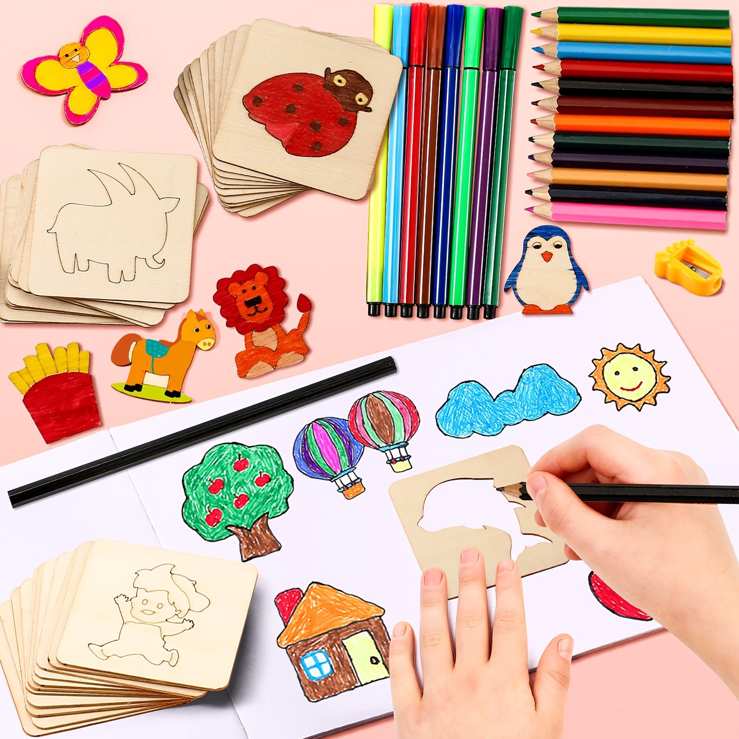 Easter Gifts 60pcs Wooden Drawing Stencils Kit, Drawing Board Toys Coloring Puzzle Arts Crafts Set, Educational Toys Christmas Gift