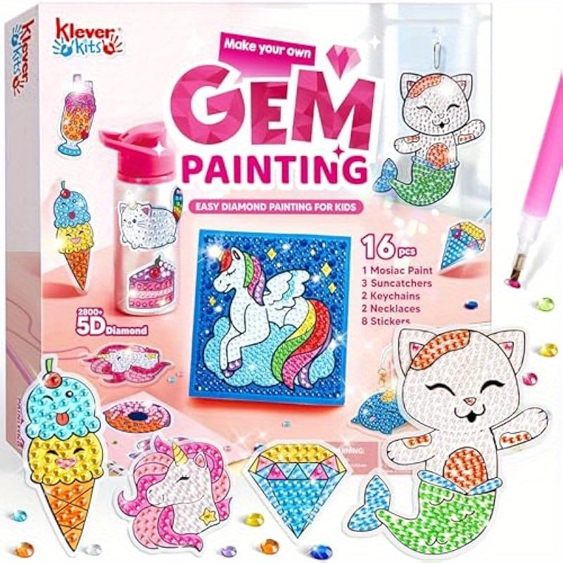 Klever Kits 16 Projects Gem Painting Diamond Gem Painting Kit with 5D Gem Arts and Crafts for Girls Ages 6-12 Gem Craft Activities Kits Premium Art Gift Ideas for Girls Ages 6 7 8+