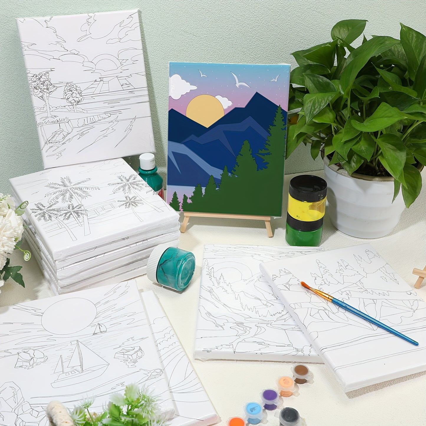 [Paint Kit] 12 Pack Pre Drawn Canvas Paint Kit | DIY Oil Painting For Landscape Paint Art Set | New Year Pre Printed Sip And Paint Party Favor Virtual Party Birthday