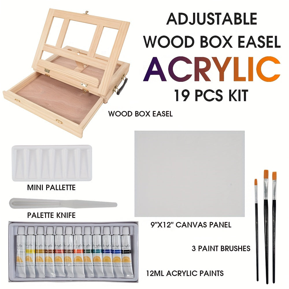 19pcs Painting Table Easel Set, Wooden Mixed Media Art Set Easel Kit Includes Tabletop Easel, Acrylic Paints, Brushes, Canvas Panel, Art Supplies
