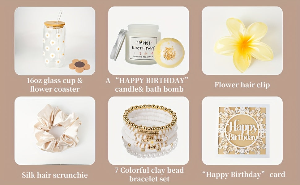 Birthday Gifts For Women, Teen Girl Gifts, Birthday Gifts For Her, Happy Birthday Gift Box For Girl, Women, Sister, Daughter, Best Friend, Friendship, Cute Daisy Glass Cup Gifts Set 8pcs, 16oz, Beige