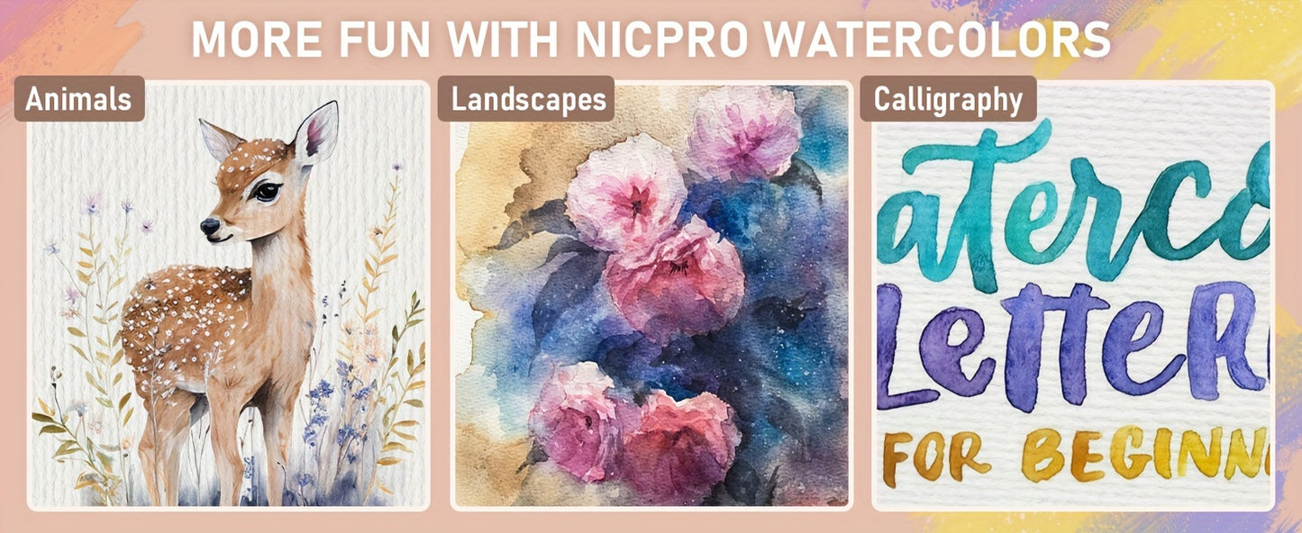 Nicpro 100 Colors Watercolor Paint Set Include Metallic Macaron & Fluorescent, 8 Synthetic Squirrel Painting Brushes, 25 Water Color Paper, Palette, Art Supplies Kit