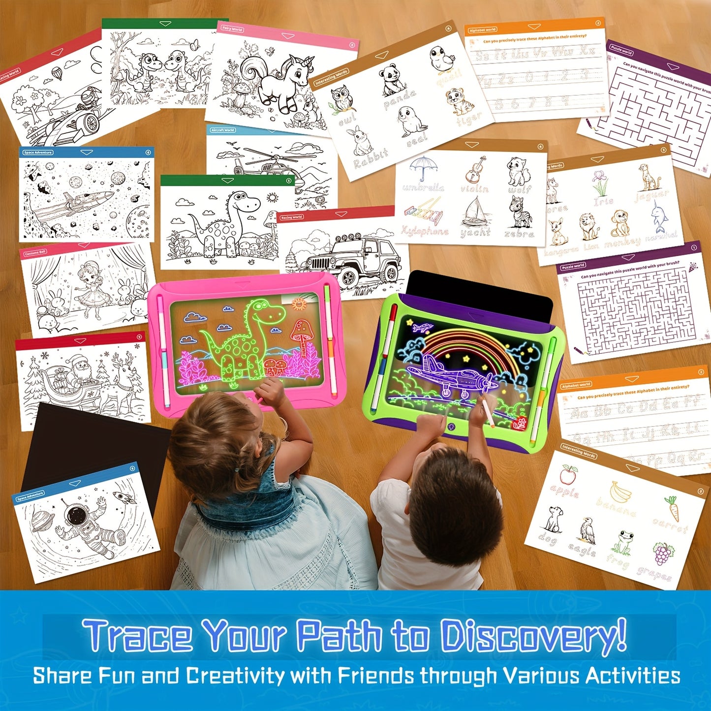 [Luminous Drawing Board] 9 Double-Sided Cards, 6 Markers LED Kids Drawing Board | Luminous Tracing Board, Graffiti Writing Board Learning Toy | Girls Toys for 6-8 Years Old, 4-6 Years Old Christmas Birthday Gift