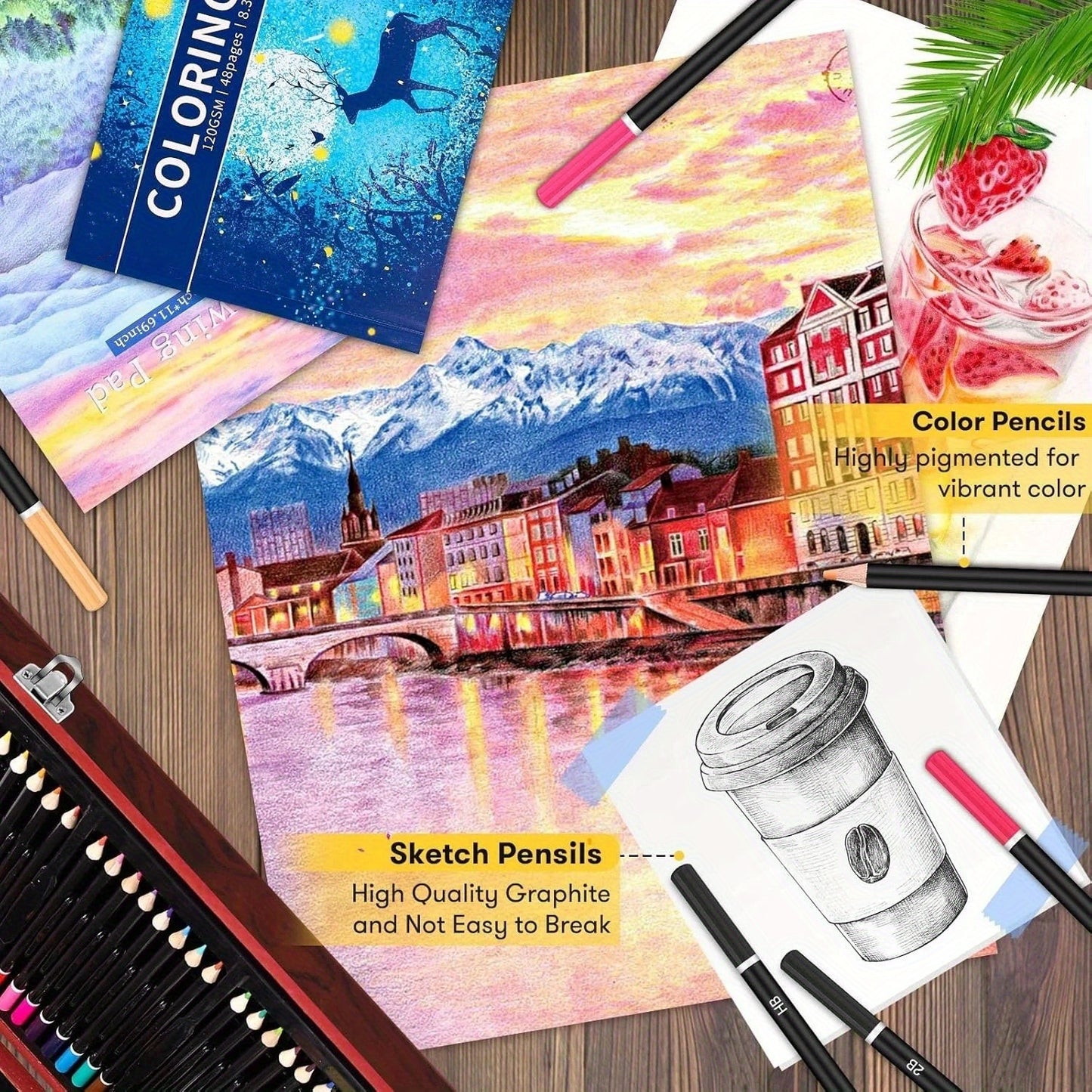 145pcs Of Luxurious Art Sets, Including Wooden Boxes And Painting Tool Kits. Each Set Contains Crayons, Oil Pastels, Colored Pencils, Watercolor Paints, Sketching Pencils, Paintbrushes, Pencil Sharpeners, Erasers, And Color C
